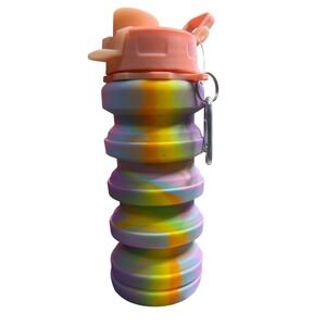 Unbranded Collapsible Silicone Water Bottle Kids Rainbow Tie Dye NEW 7in